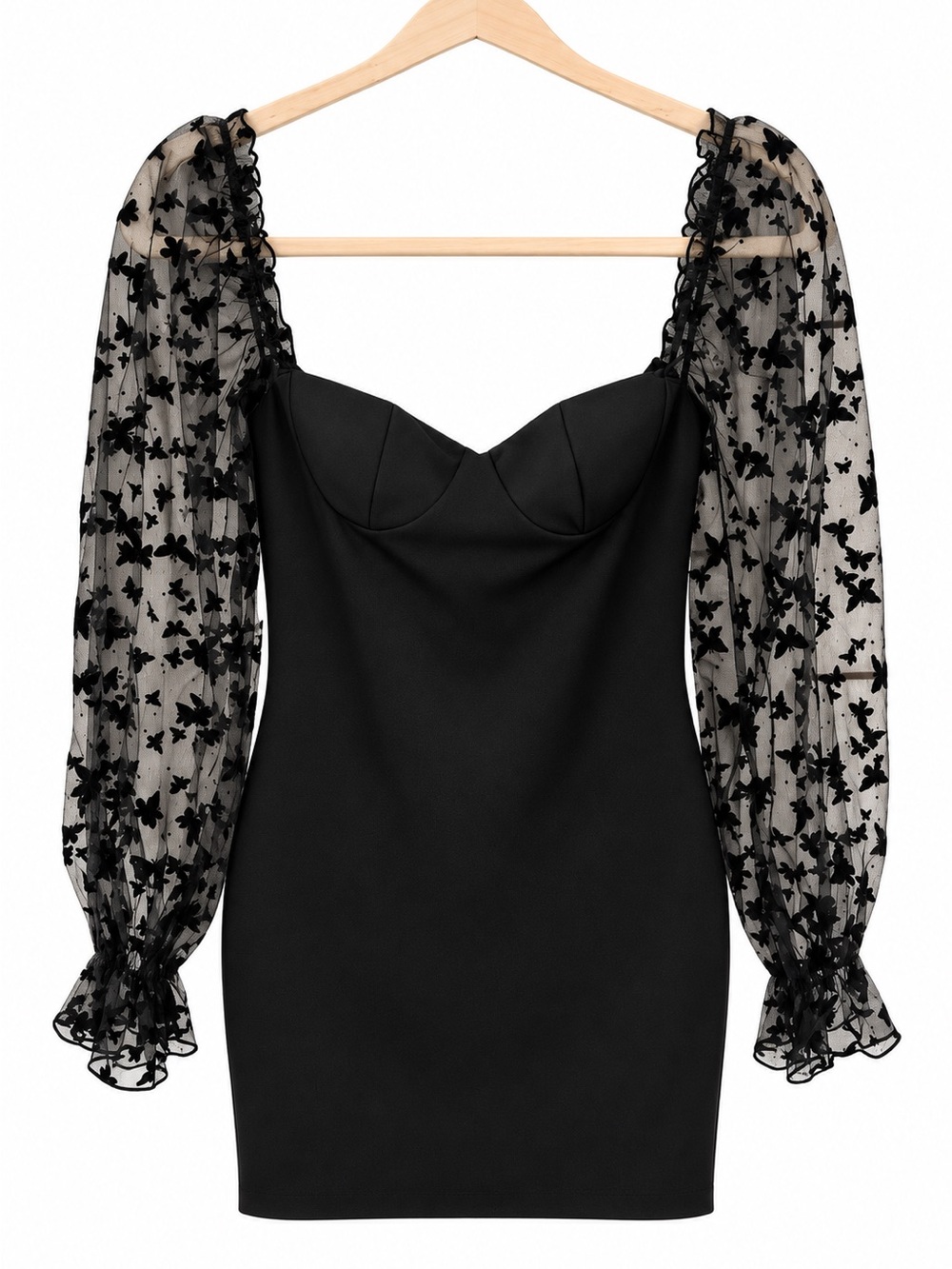 Coquette Romantic Black Bodycon Dress Sheer Butterfly puff Sleeve Sweetheart XS